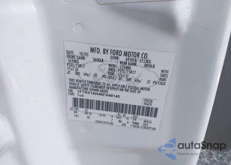 2006 Ford F-150 Stx/Xl/Xlt z USA, uszkodzony, nr VIN 1FTRX14W46FA48145